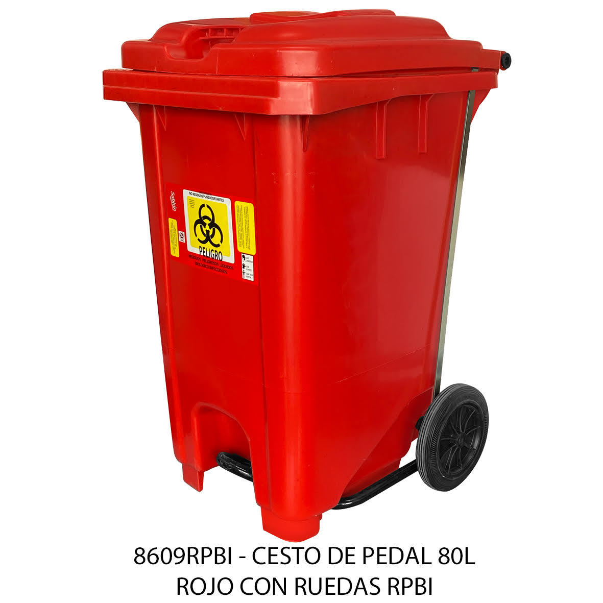Bote de basura de 80 litros con pedal y con ruedas color rojo modelo 8609RPBI Sablón