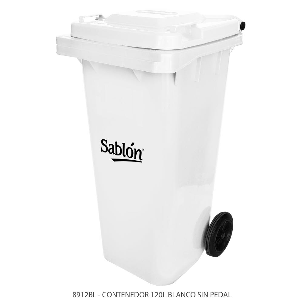 Contenedor de basura de 120 litros color blanco con tapa de color blanco sin pedal modelo 8912BL Marca Sablón