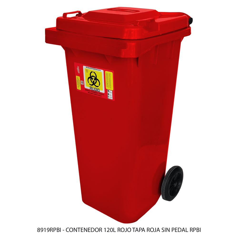 Contenedor de basura de 120 litros color rojo con tapa de color rojo con impreso RPBI sin pedal modelo 8919RPBI Marca Sablón